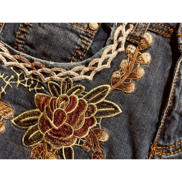V Cristina Womens Embroidered Jeans Sz2 Midrise Slim Leg Stretch Boho Distressed - Picture 3 of 5